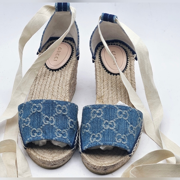 GUCCI Pilar GG Logo Blue Denim Pilar Espadrille Wedge Sandals size 37 7 NEW - Picture 2 of 11